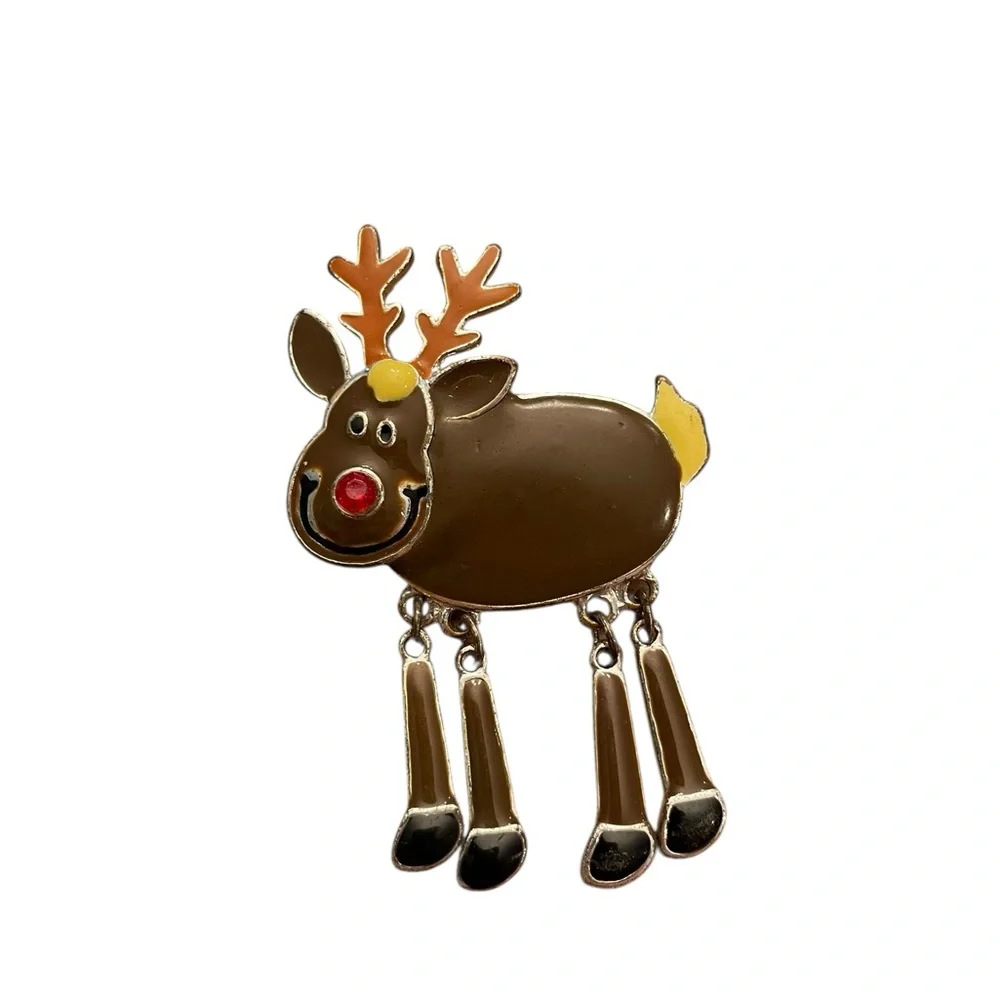 Vintage Smiling Christmas Reindeer Pin Brooch Articulating‎ Legs Festive Holiday